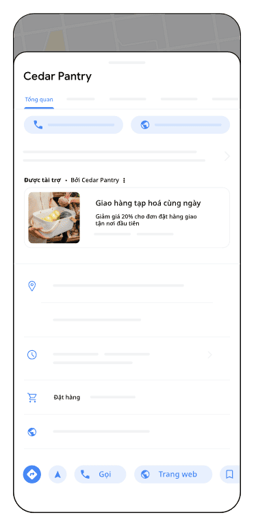 Mẫu quảng cáo được tài trợ hiển thị trong trang thông tin doanh nghiệp trên Google Maps