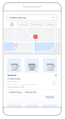 Mẫu quảng cáo tìm kiếm địa điểm trên Google Maps dành cho cửa hàng cà phê