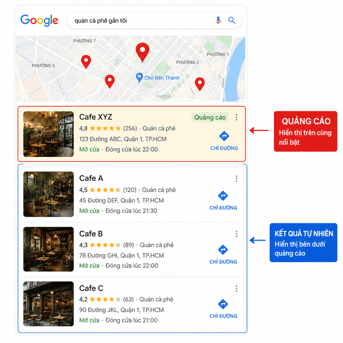 Địa điểm quảng cáo Google Maps hiển thị nổi bật trên kết quả tự nhiên