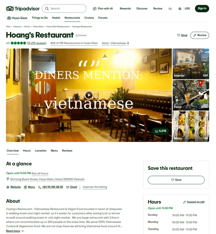Hồ sơ nhà hàng trên TripAdvisor có rating hình ảnh giờ mở cửa và thông tin liên hệ đầy đủ